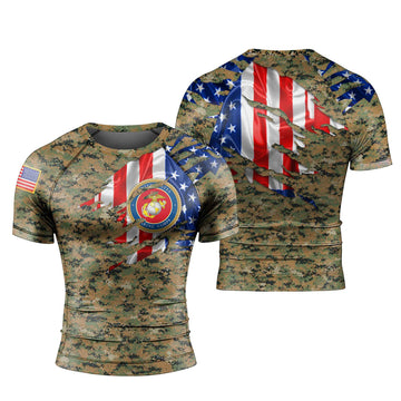 US Marine American Flag Camo Men's Short Sleeve Rash Guard