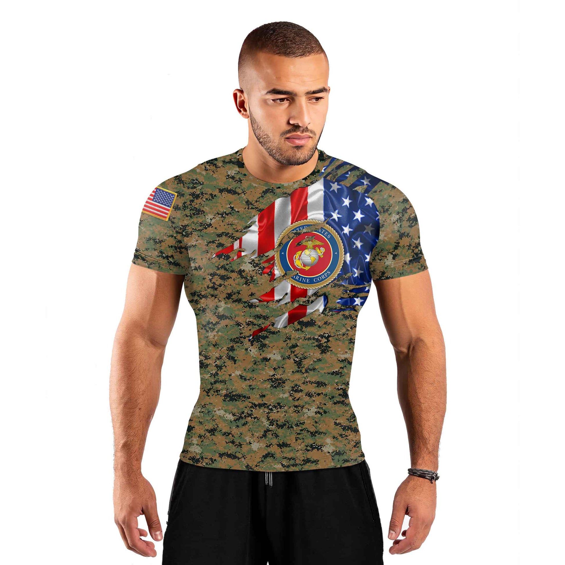 US Marine American Flag Camo Men's Short Sleeve Rash Guard