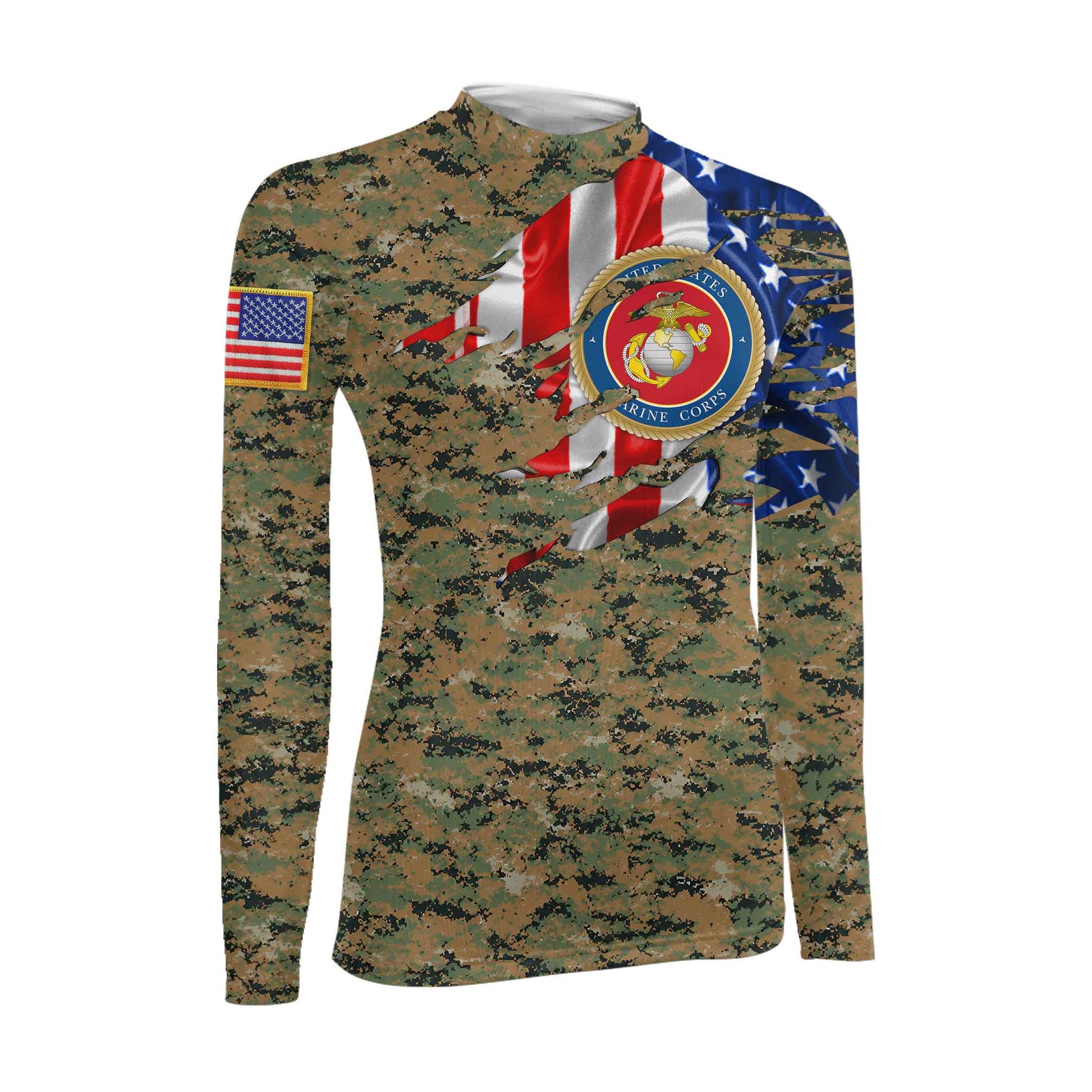 US Marine American Flag Camo Women's Long Sleeve Rash Guard