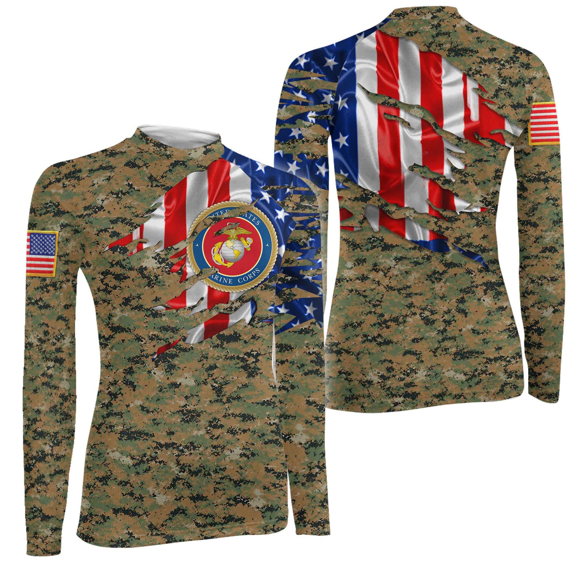 US Marine American Flag Camo Women's Long Sleeve Rash Guard