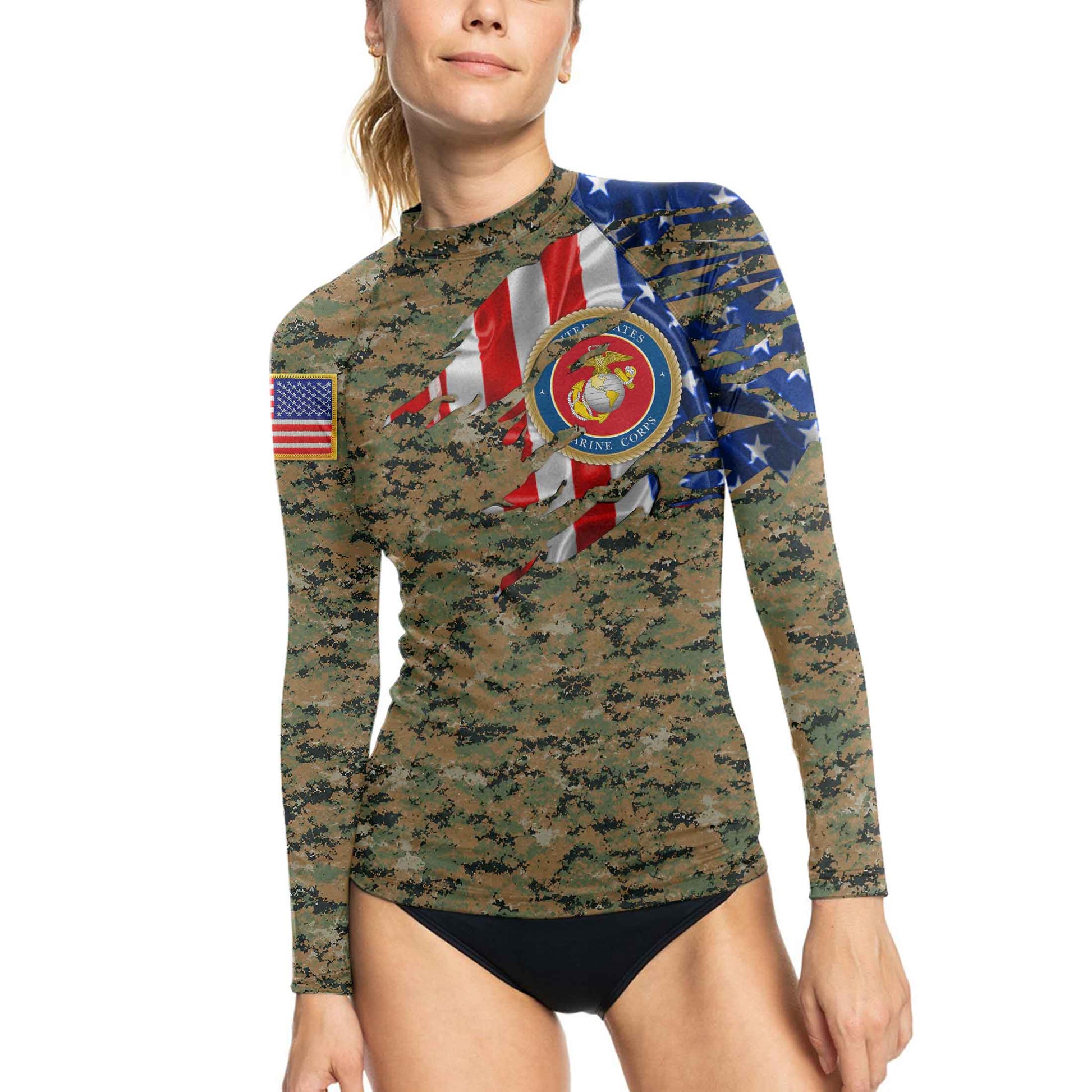 US Marine American Flag Camo Women's Long Sleeve Rash Guard