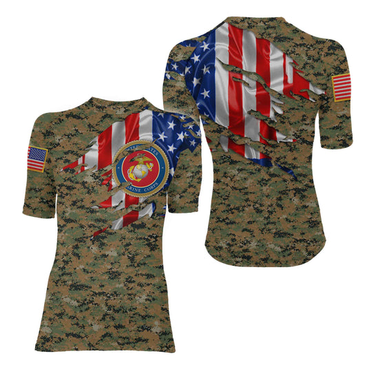US Marine American Flag Camo Women's Short Sleeve Rash Guard