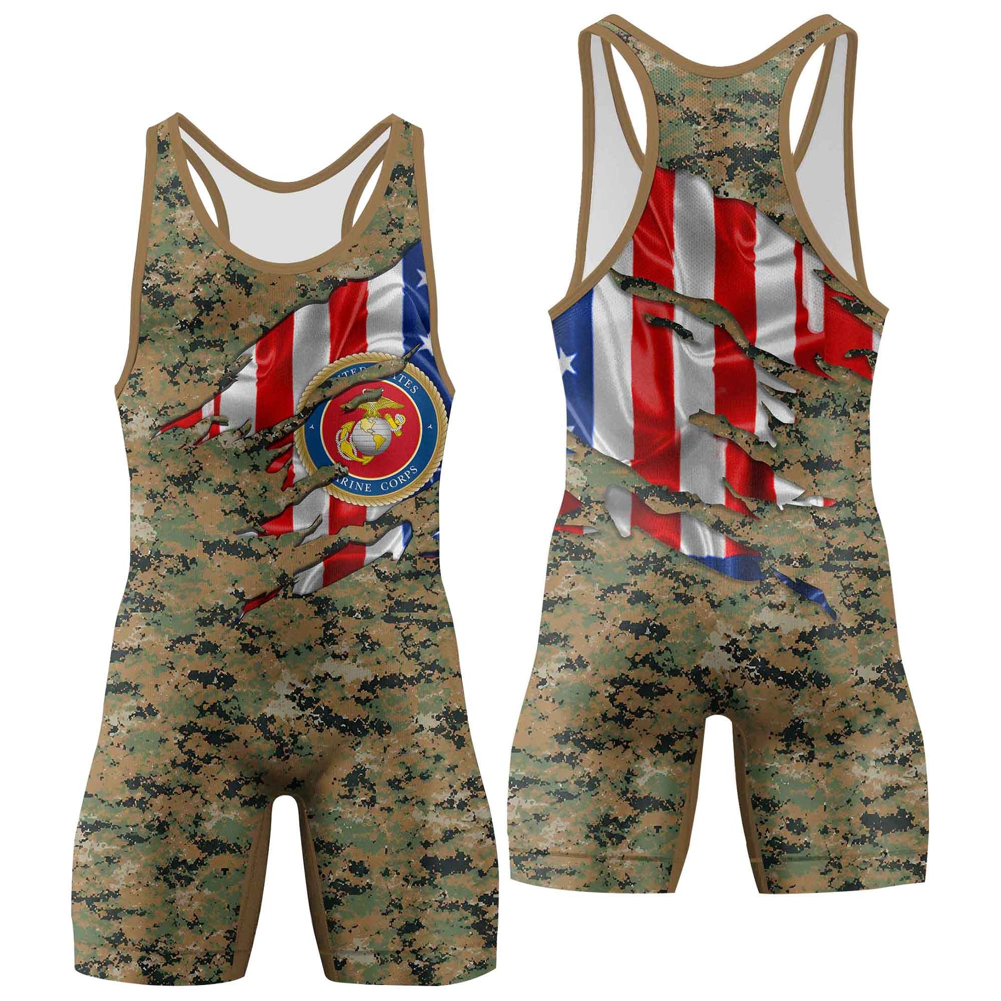 US Marine American Flag Camo Wrestling Singlets