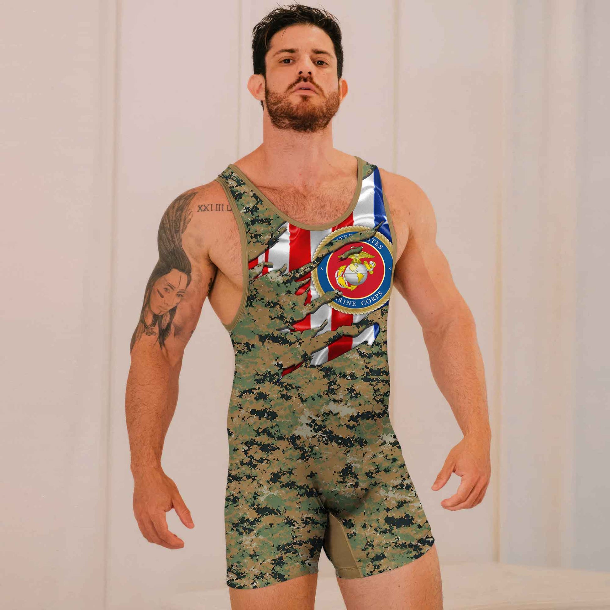 US Marine American Flag Camo Wrestling Singlets