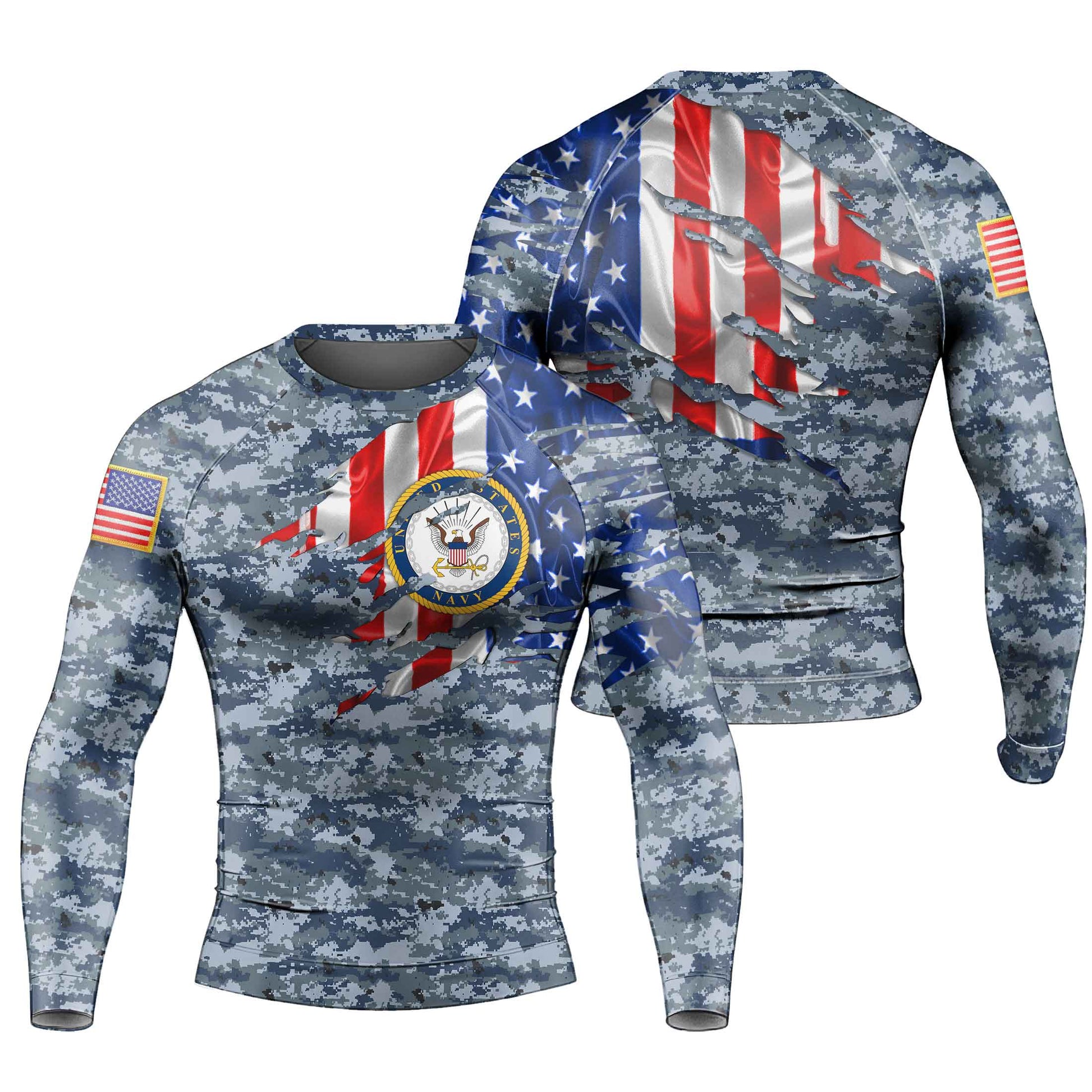 US Navy American Flag Camo Men's Long Sleeve Rash Guard