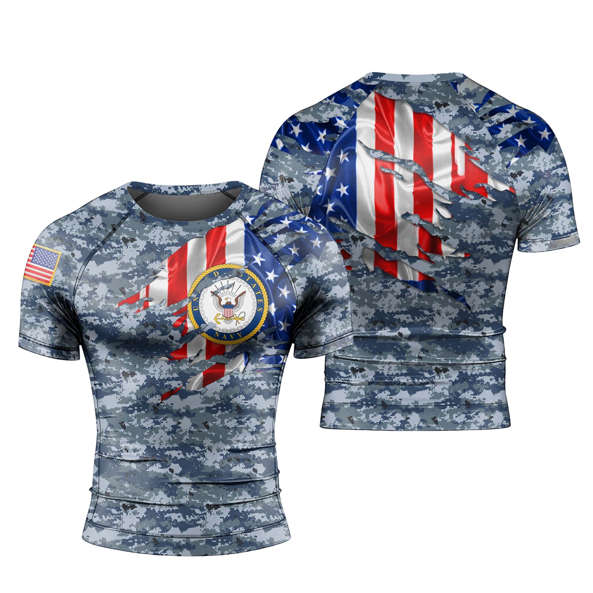 US Navy American Flag Camo Men's Short Sleeve Rash Guard