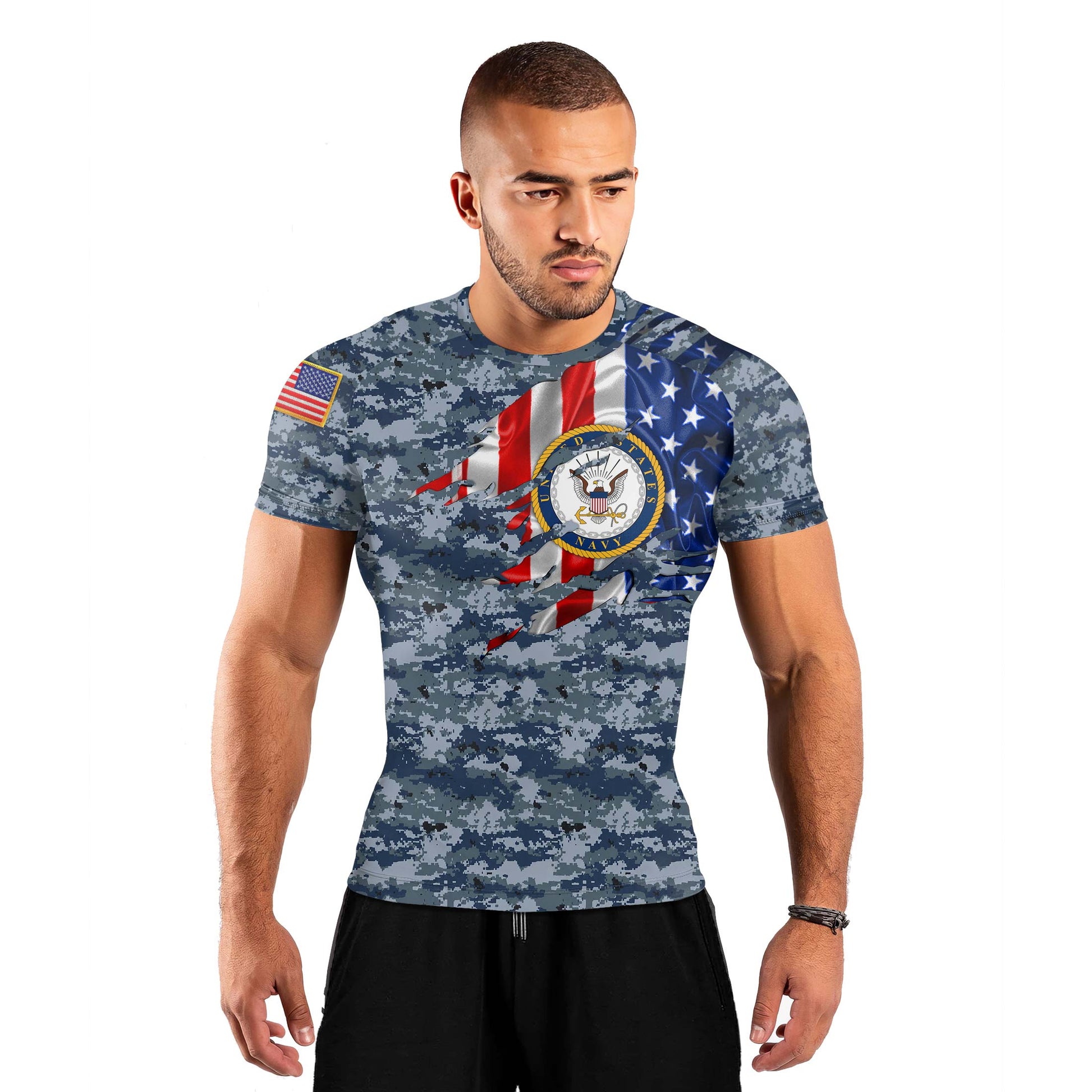 US Navy American Flag Camo Men's Short Sleeve Rash Guard