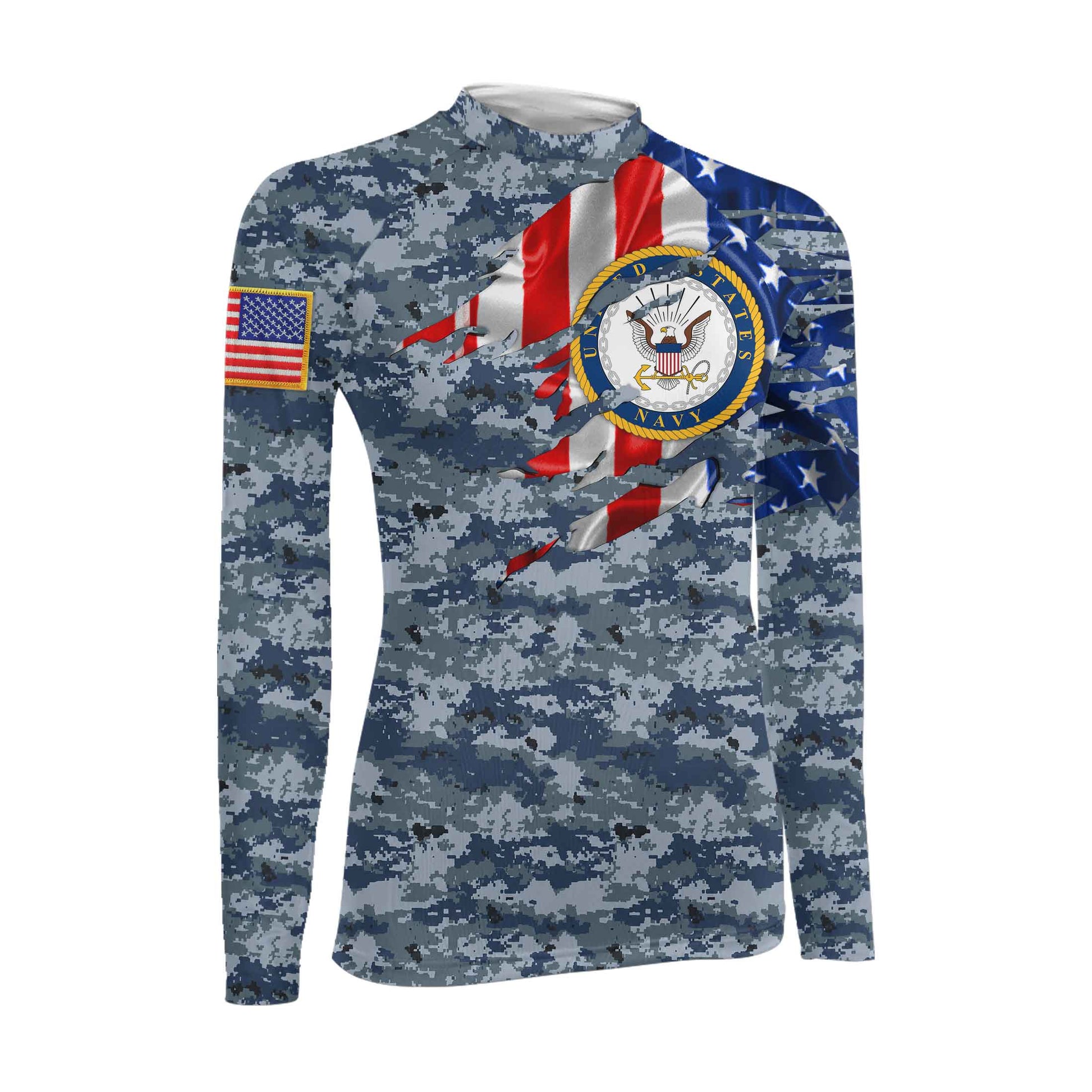 US Navy American Flag Camo Women's Long Sleeve Rash Guard
