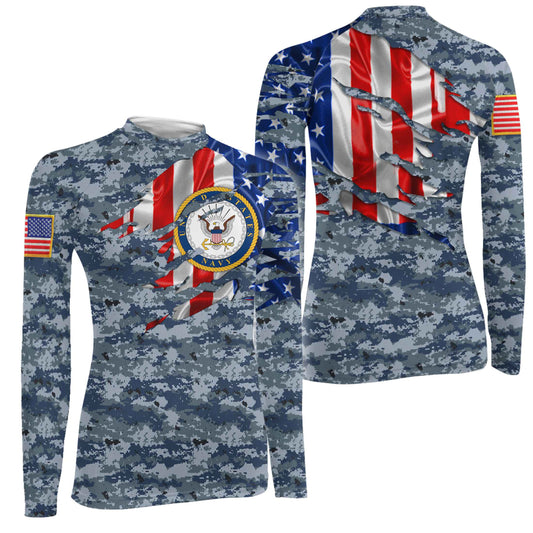 US Navy American Flag Camo Women's Long Sleeve Rash Guard