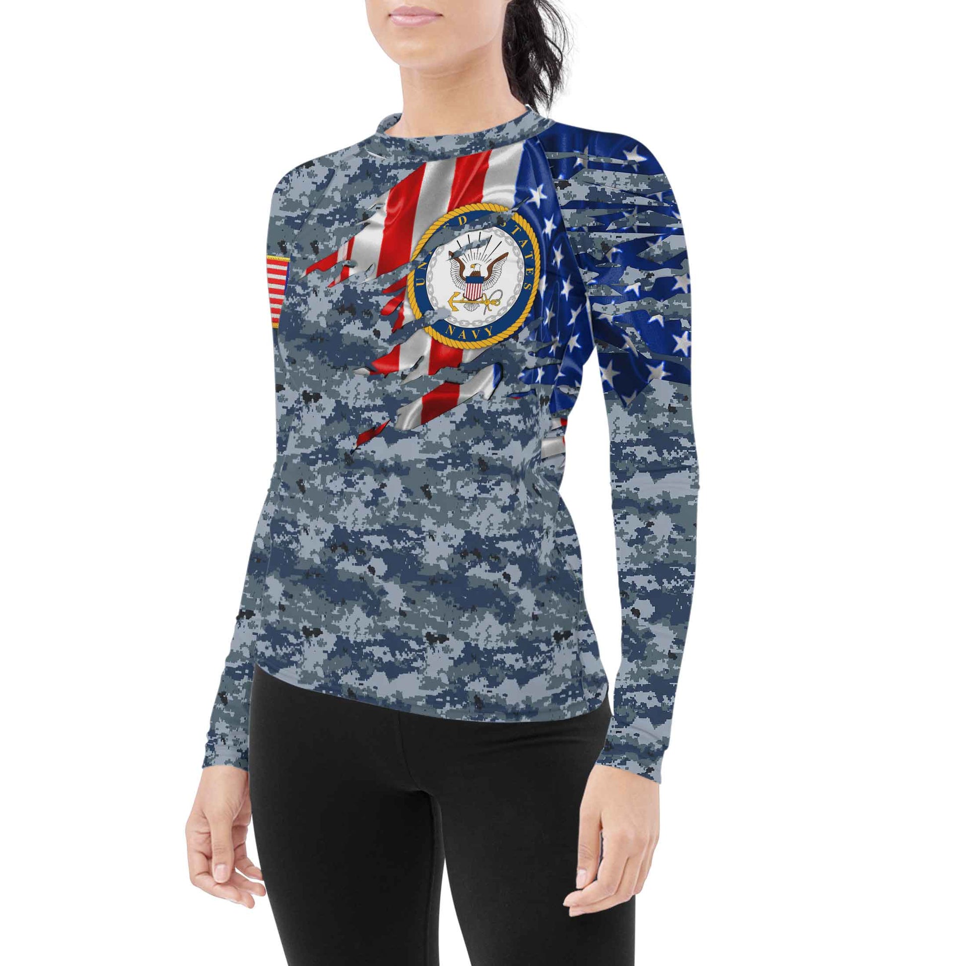 US Navy American Flag Camo Women's Long Sleeve Rash Guard