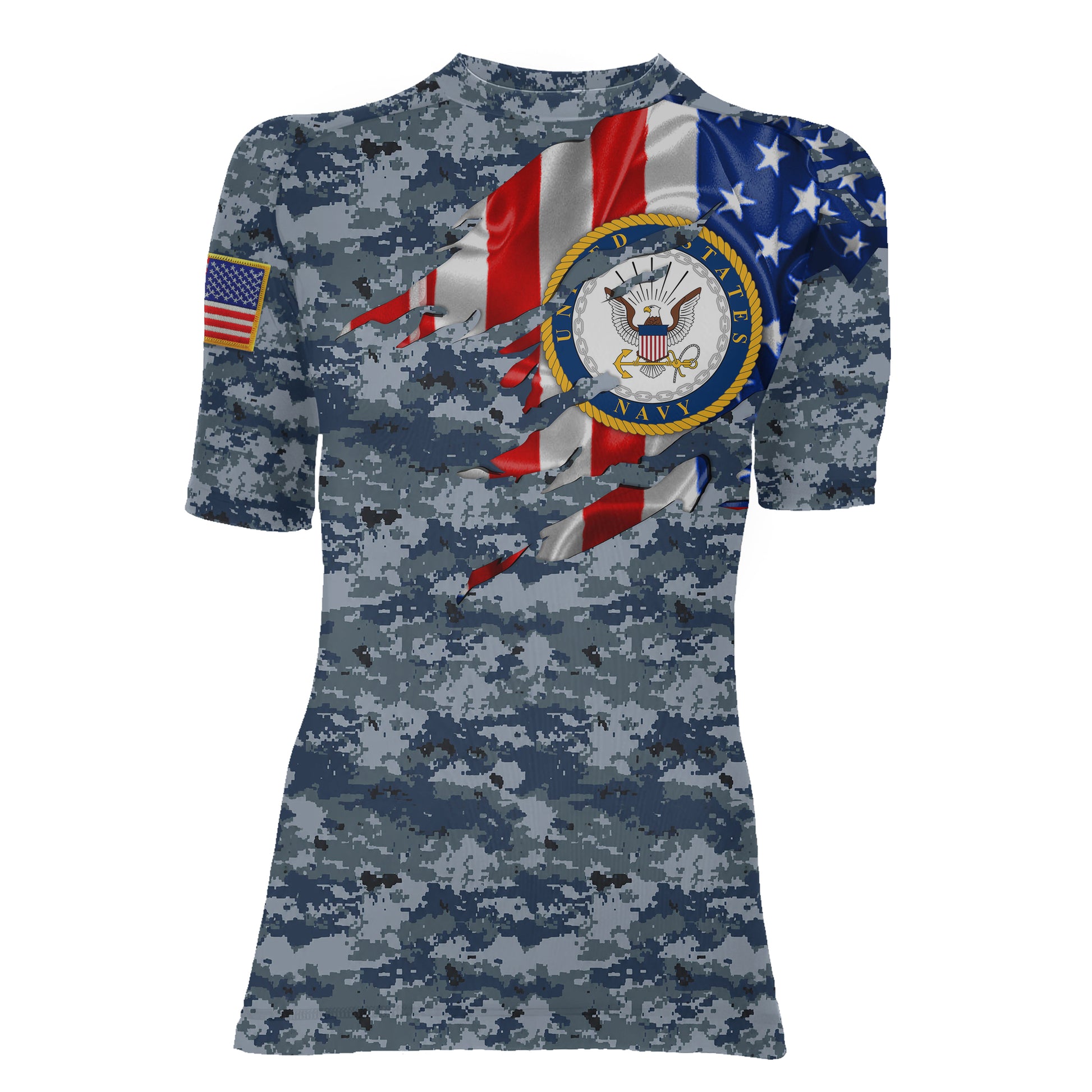 US Navy American Flag Camo Women's Short Sleeve Rash Guard