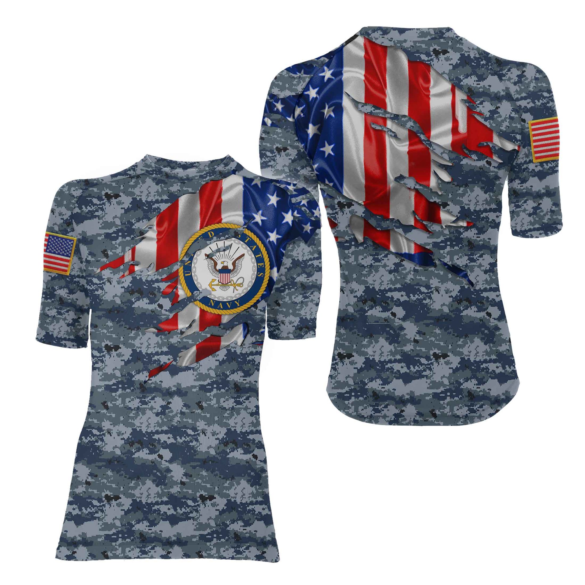 US Navy American Flag Camo Women's Short Sleeve Rash Guard