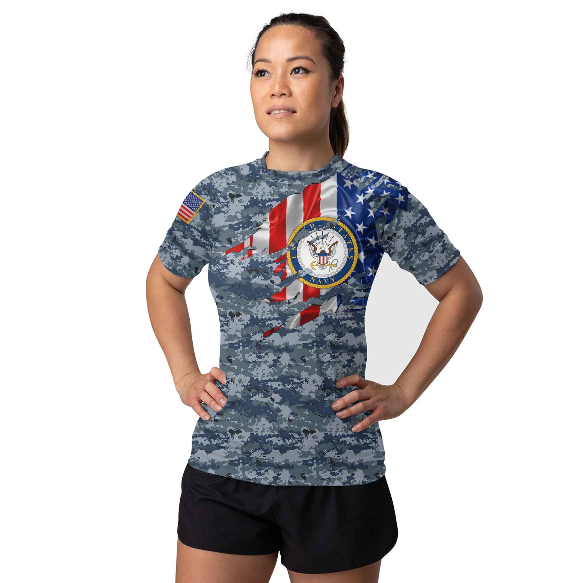 US Navy American Flag Camo Women's Short Sleeve Rash Guard