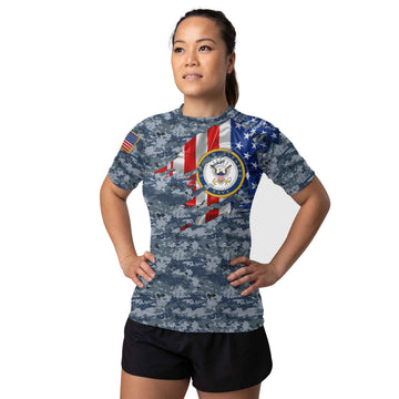 US Navy American Flag Camo Women's Short Sleeve Rash Guard