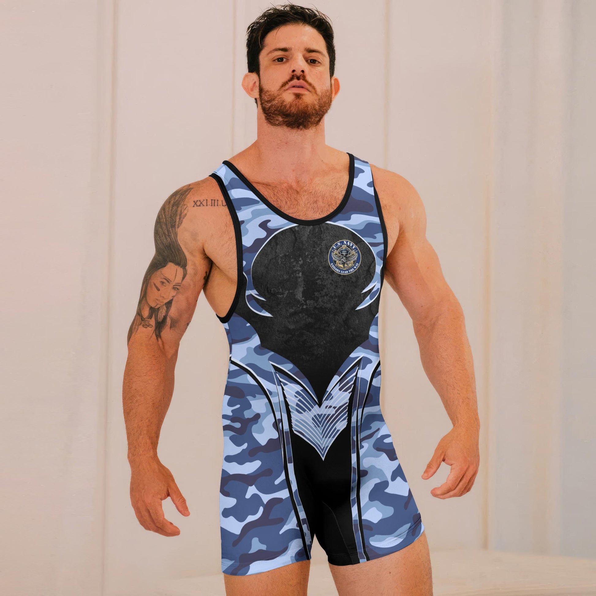 US Skull Navy Wrestling Singlets