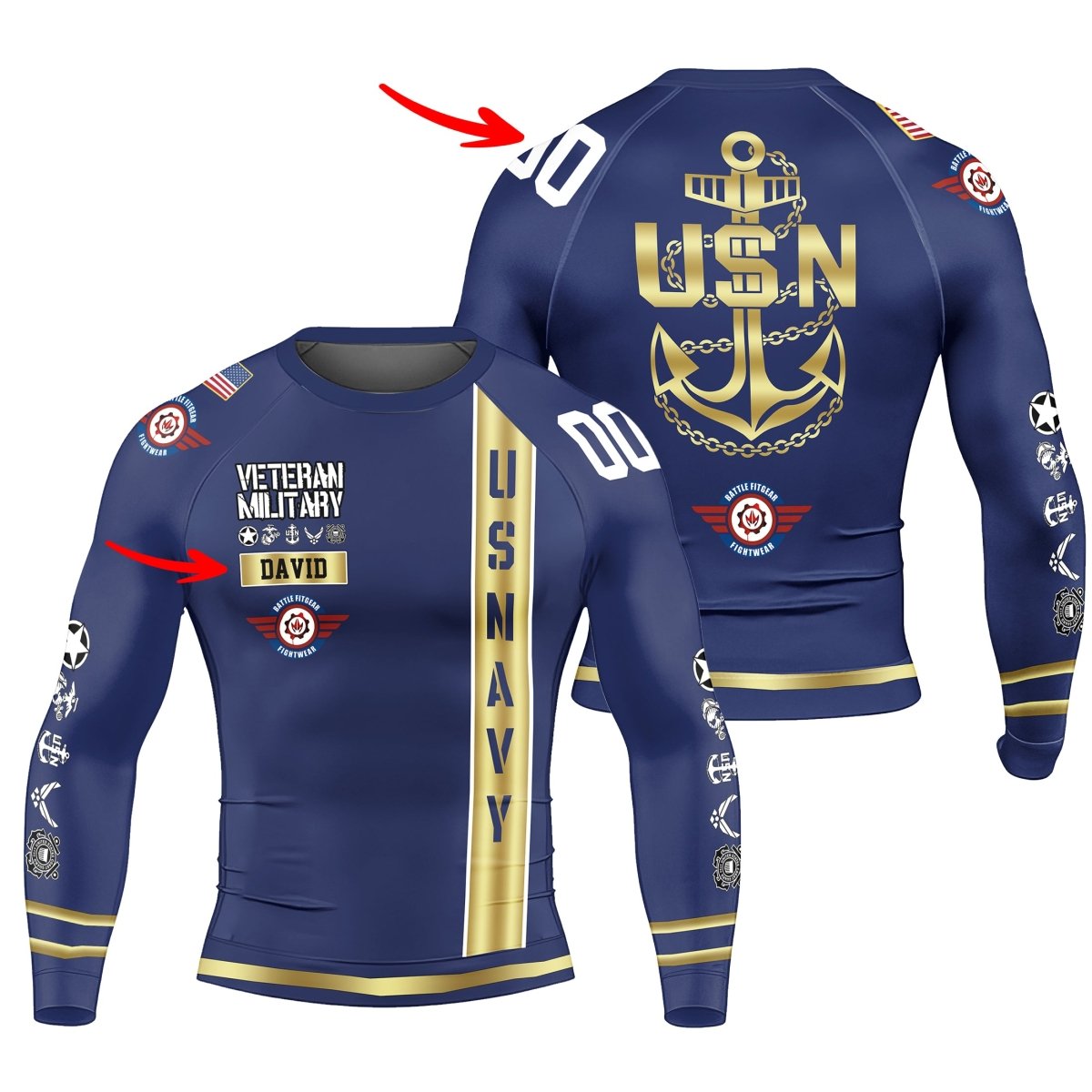 Personalized USA Navy Veteran Men's Long Sleeve Rash Guard - BattleFitGear