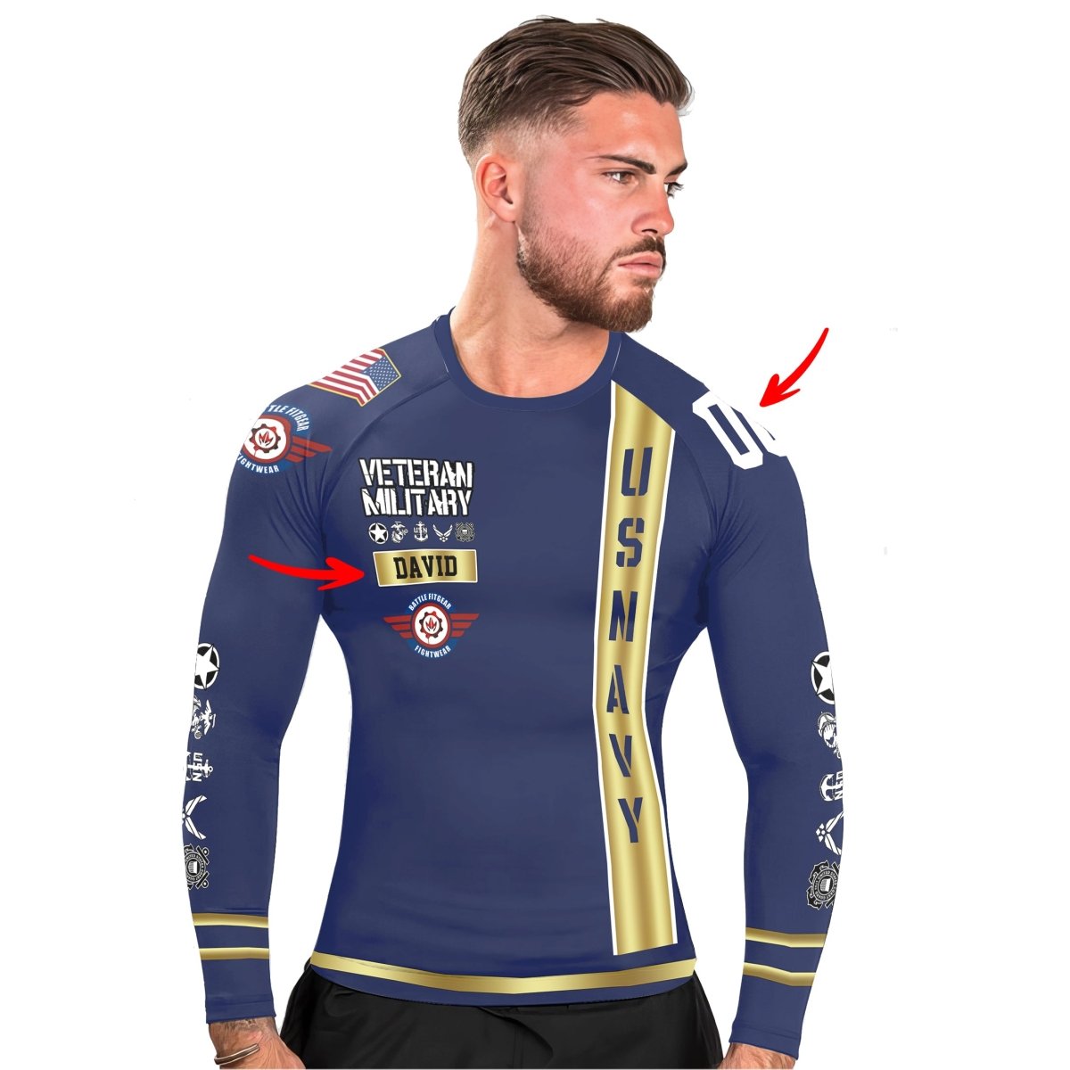 Personalized USA Navy Veteran Men's Long Sleeve Rash Guard - BattleFitGear