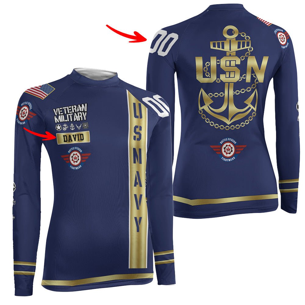 Personalized USA Navy Veteran Women's Long Sleeve Rash Guard - BattleFitGear