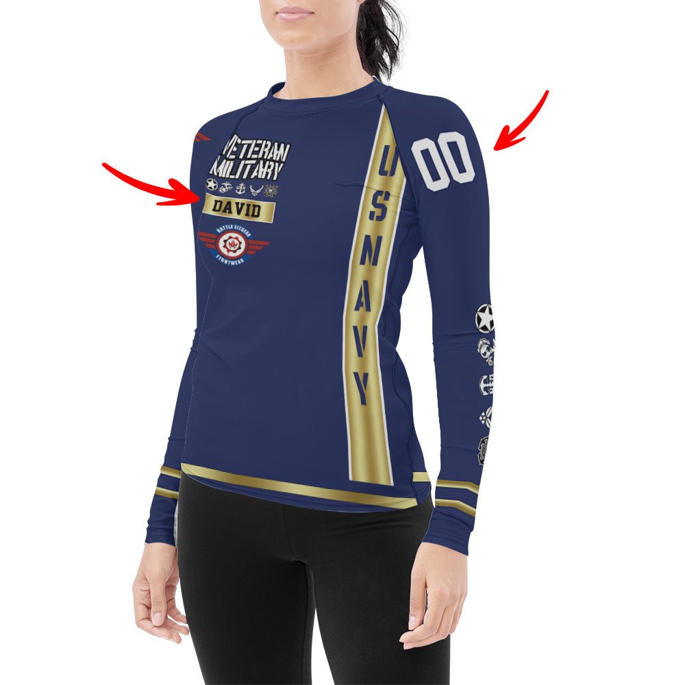 Personalized USA Navy Veteran Women's Long Sleeve Rash Guard - BattleFitGear