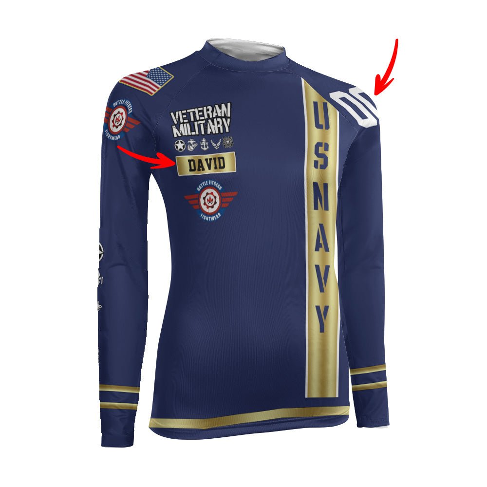 Personalized USA Navy Veteran Women's Long Sleeve Rash Guard - BattleFitGear