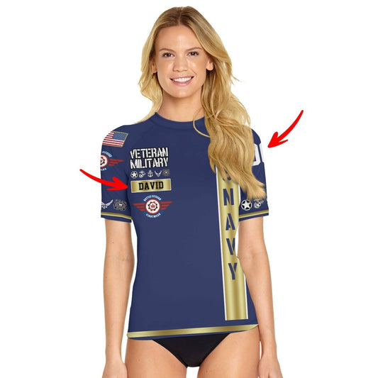 Personalized USA Navy Veteran Women's Short Sleeve Rash Guard - BattleFitGear