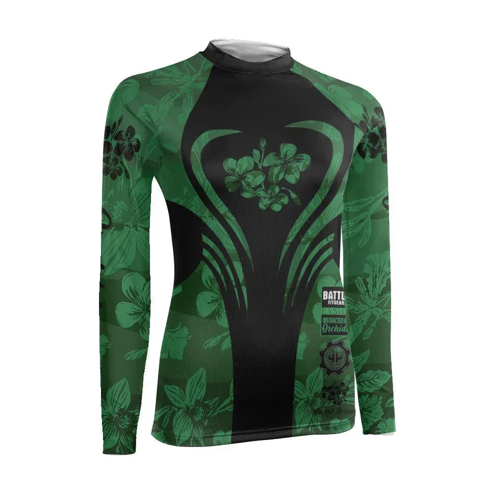 Pattern Rash Guard Orchid Series Floral Green Heart Pattern Women Long Sleeve Rash Guard