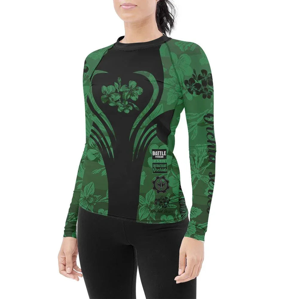 Pattern Rash Guard Orchid Series Floral Green Heart Pattern Women Long Sleeve Rash Guard