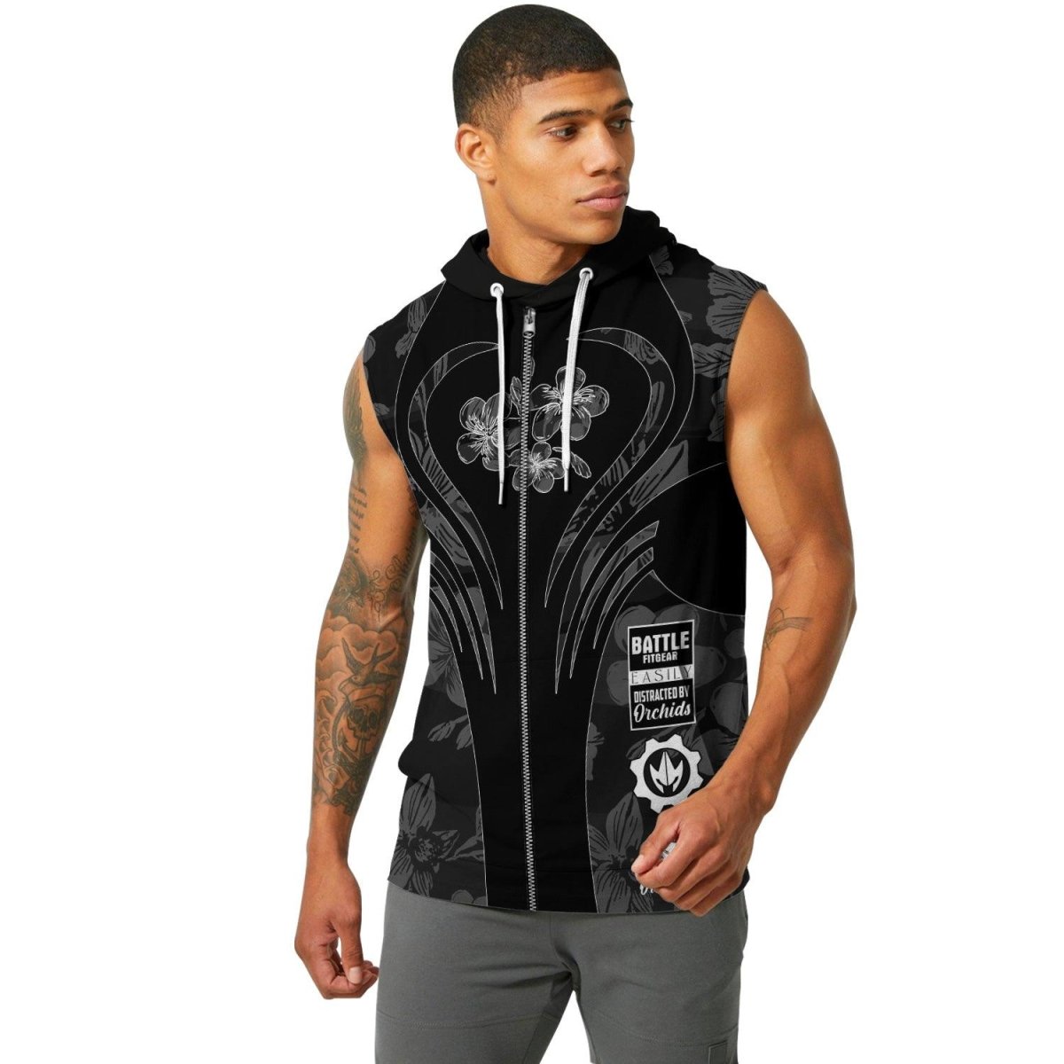 Orchid Series Floral Black Heart Pattern Sleeveless Pullover & Zip Hoodie - BattleFitGear