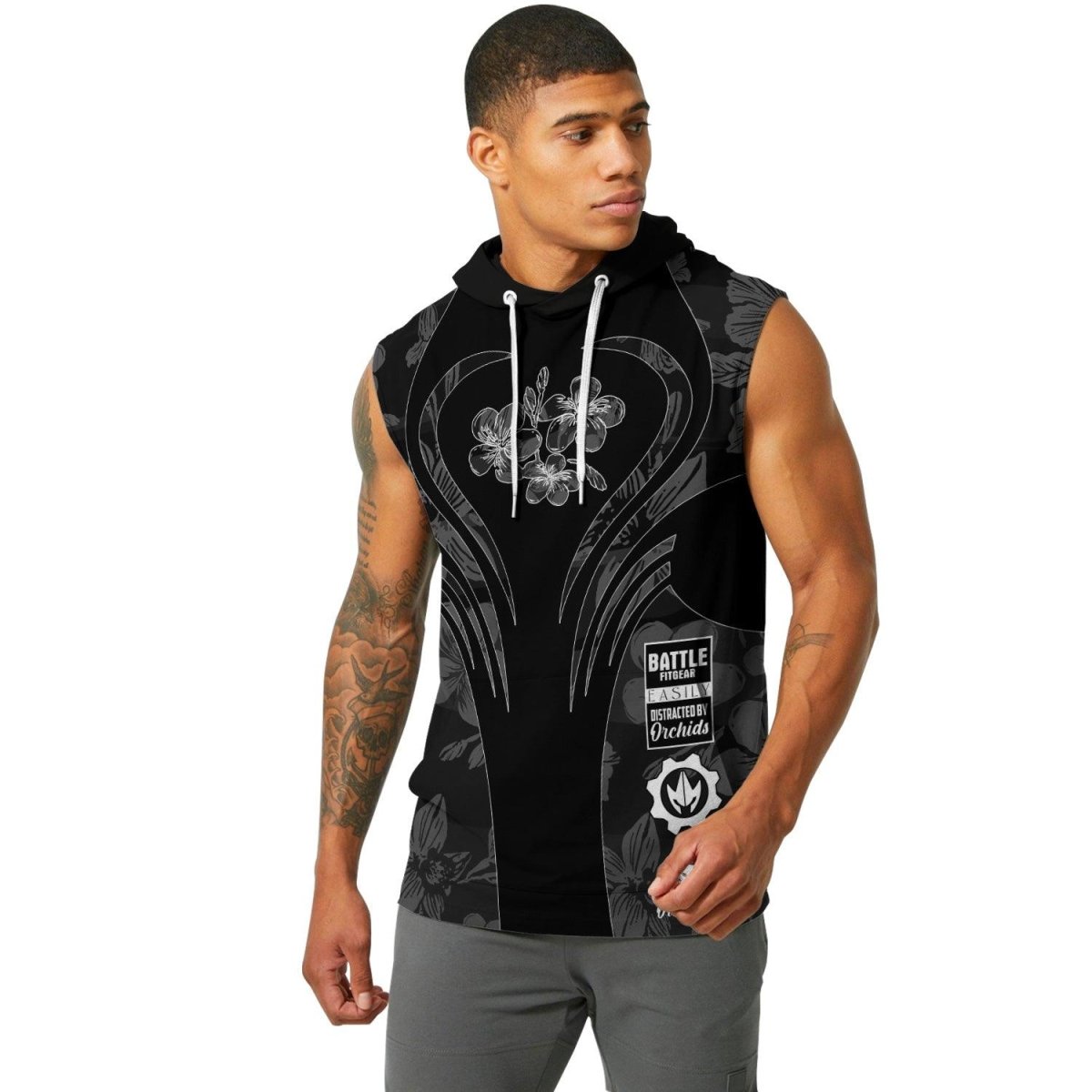 Orchid Series Floral Black Heart Pattern Sleeveless Pullover & Zip Hoodie - BattleFitGear