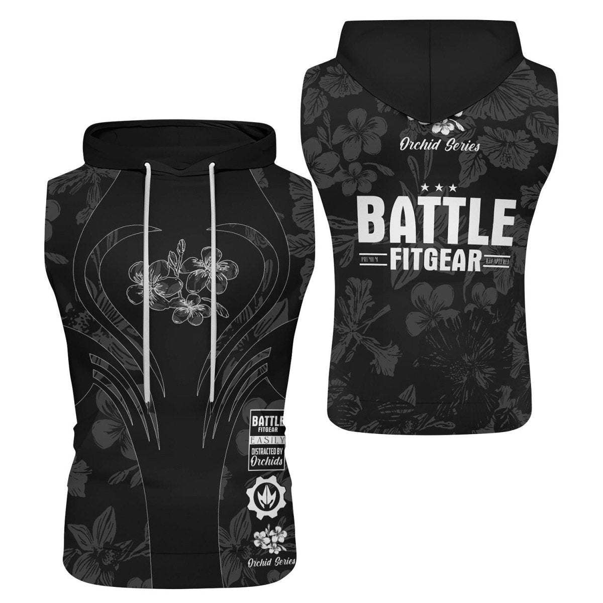 Orchid Series Floral Black Heart Pattern Sleeveless Pullover & Zip Hoodie - BattleFitGear