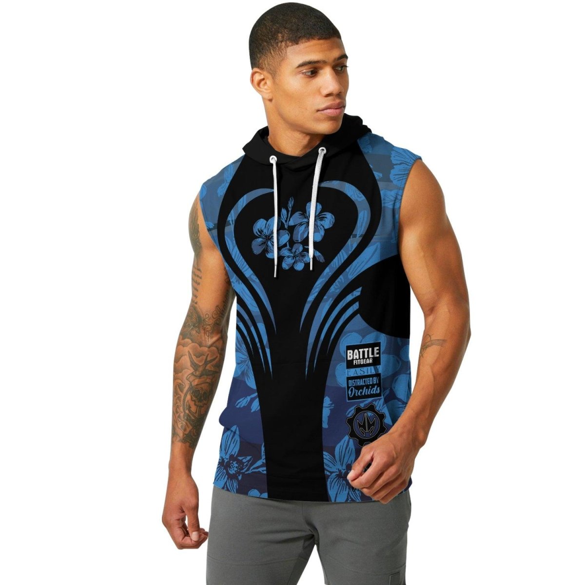 Orchid Series Floral Blue Heart Pattern Sleeveless Pullover & Zip Hoodie - BattleFitGear