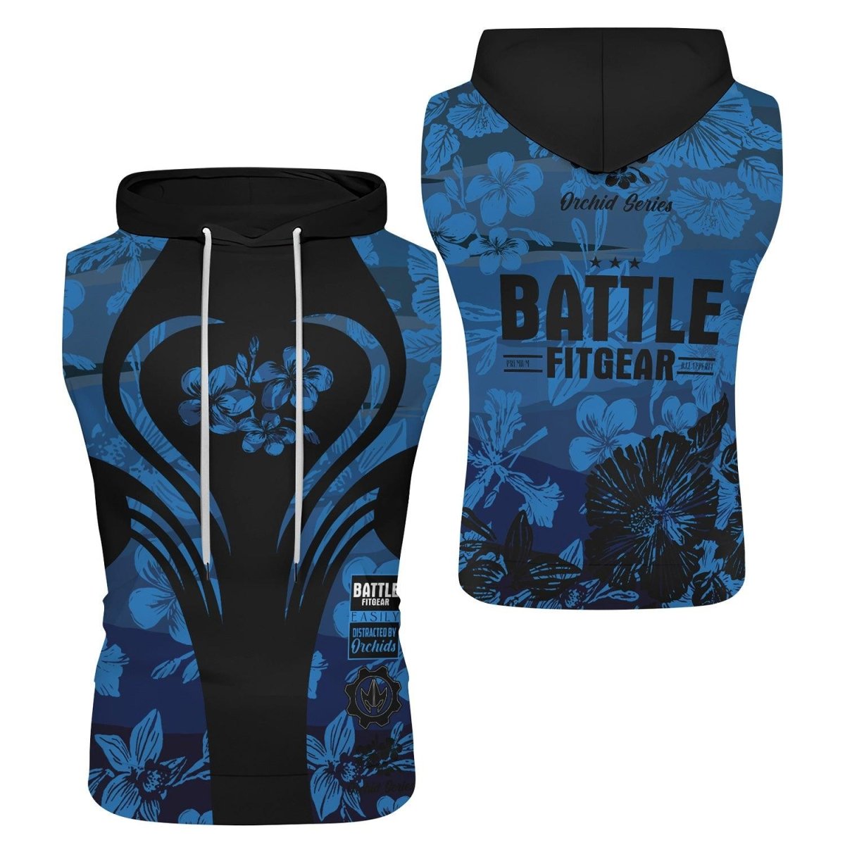 Orchid Series Floral Blue Heart Pattern Sleeveless Pullover & Zip Hoodie - BattleFitGear