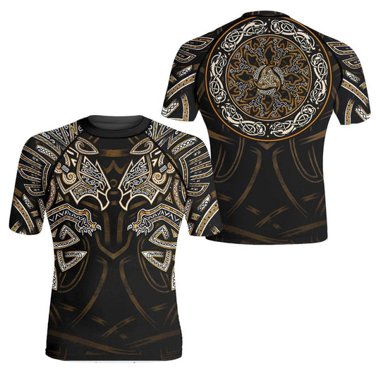 Golden Viking Fenrir Symbol Rune Men's Short Sleeve Rash Guard - BattleFitGear