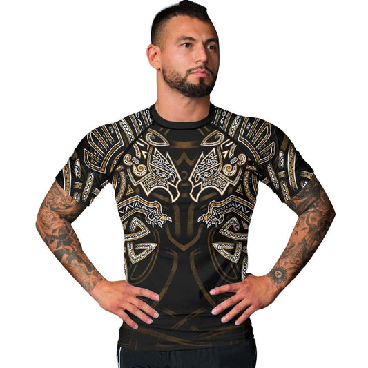 Golden Viking Fenrir Symbol Rune Men's Short Sleeve Rash Guard - BattleFitGear