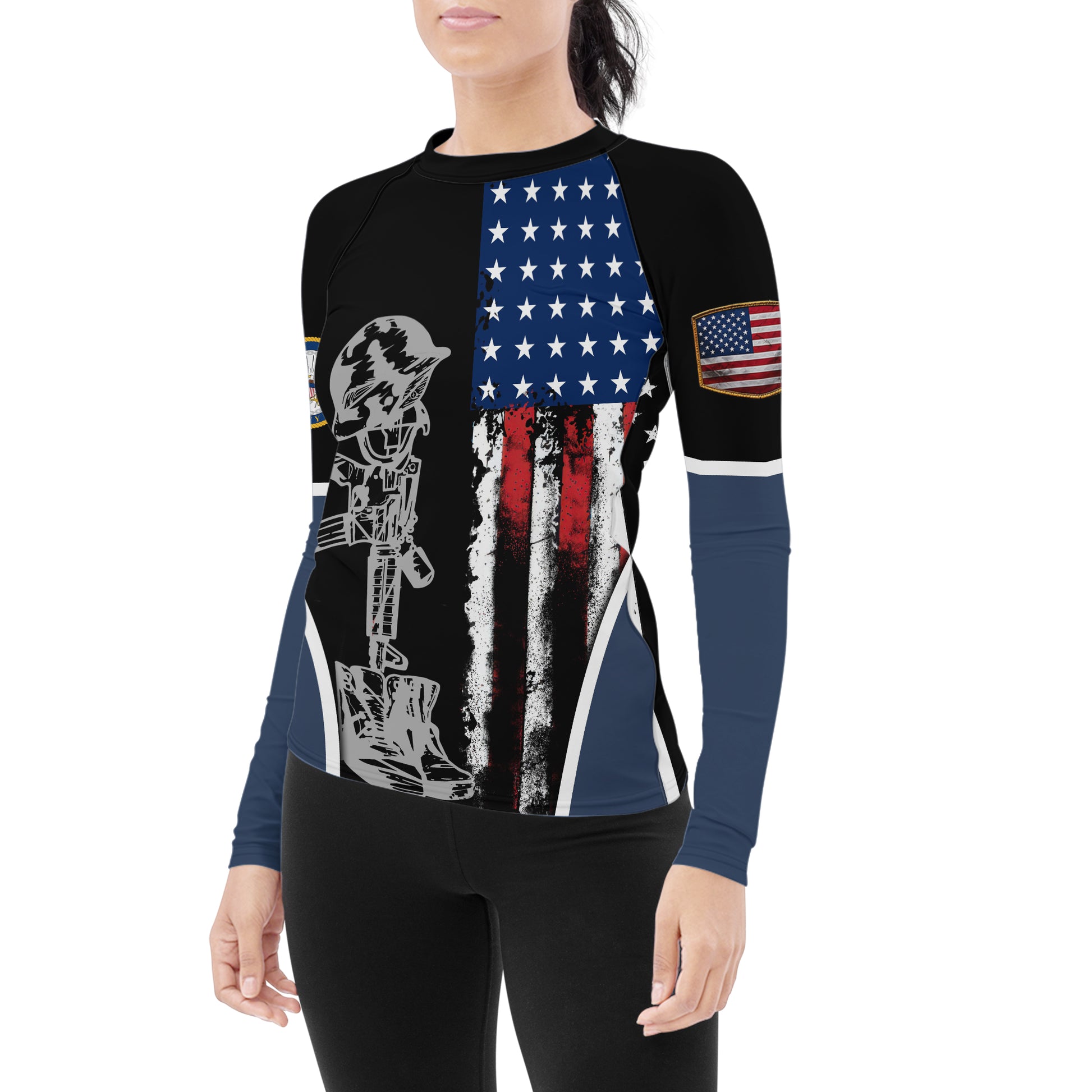 Navy US Flag Women's Long Sleeve Rash Guard