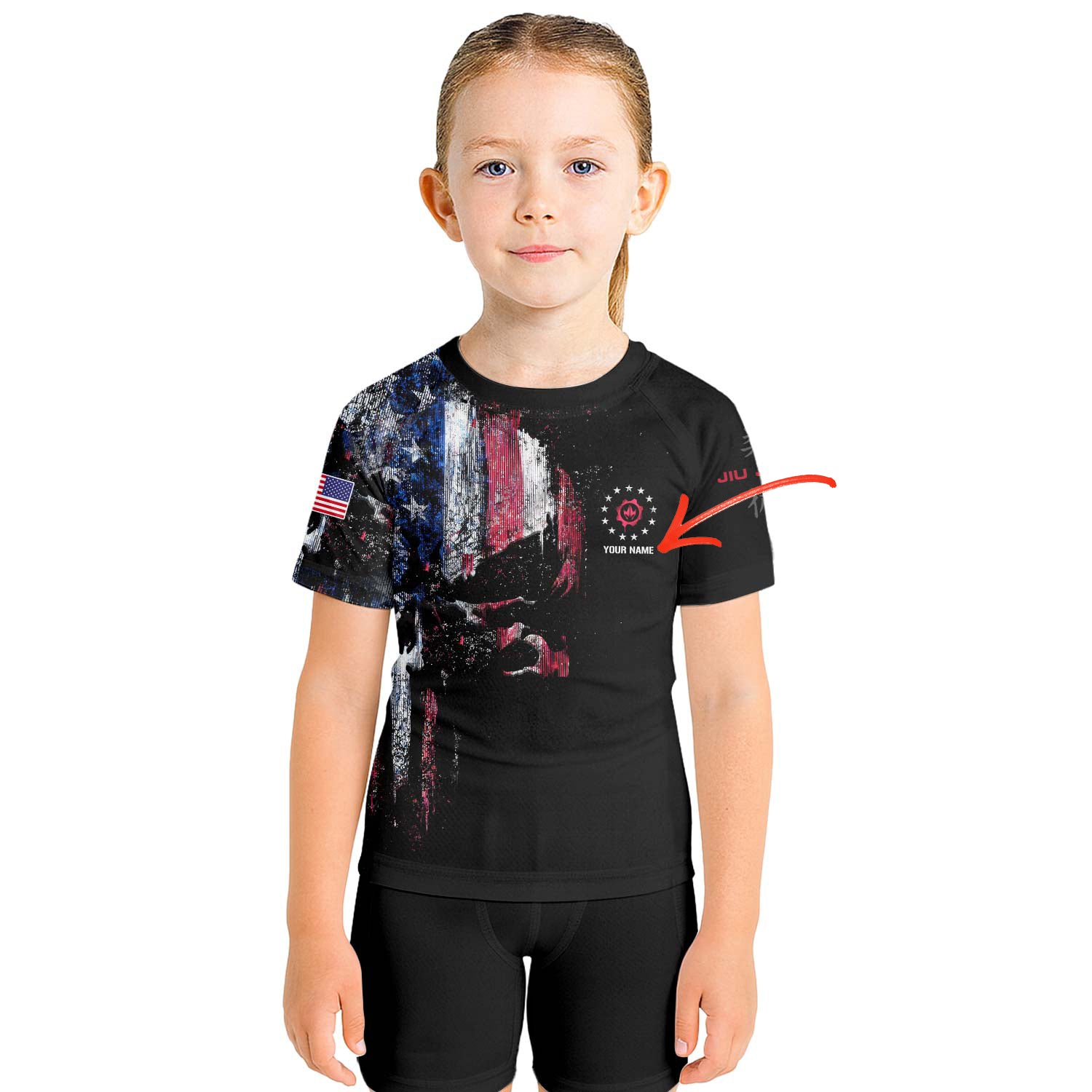 Personalized American Jiu Jitsu Skull Grunge Kids Rash Guard