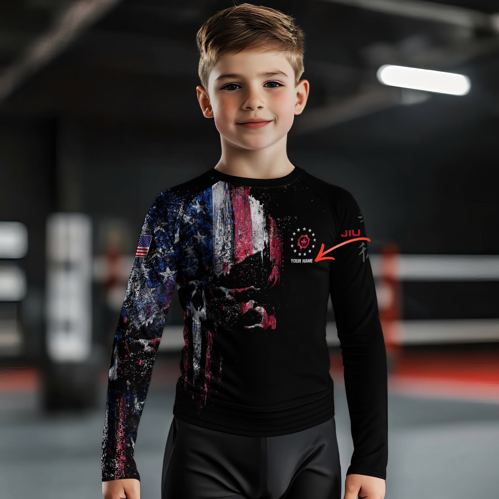 Personalized American Jiu Jitsu Skull Grunge Kids Rash Guard
