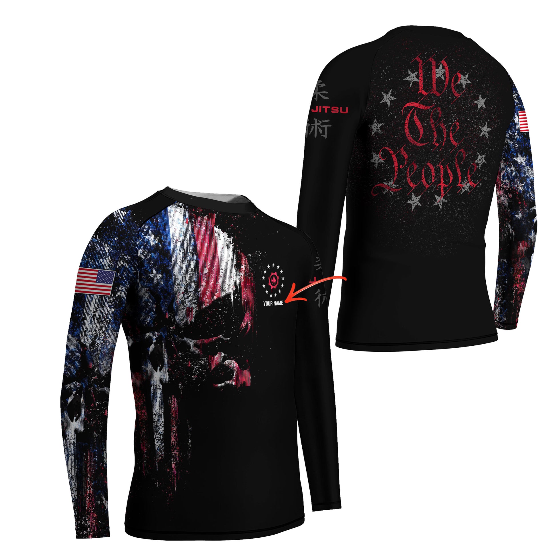 Personalized American Jiu Jitsu Skull Grunge Kids Rash Guard