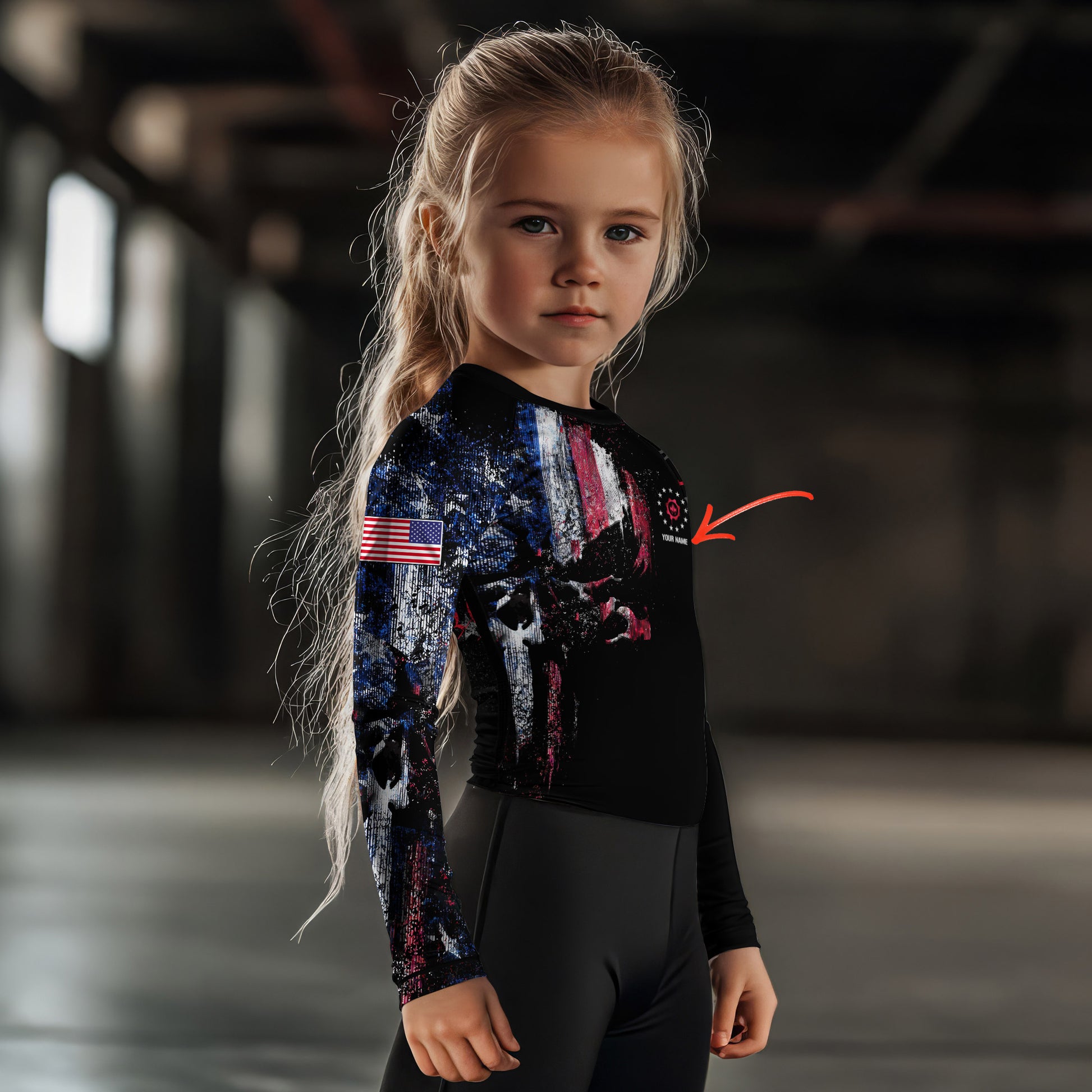 Personalized American Jiu Jitsu Skull Grunge Kids Rash Guard