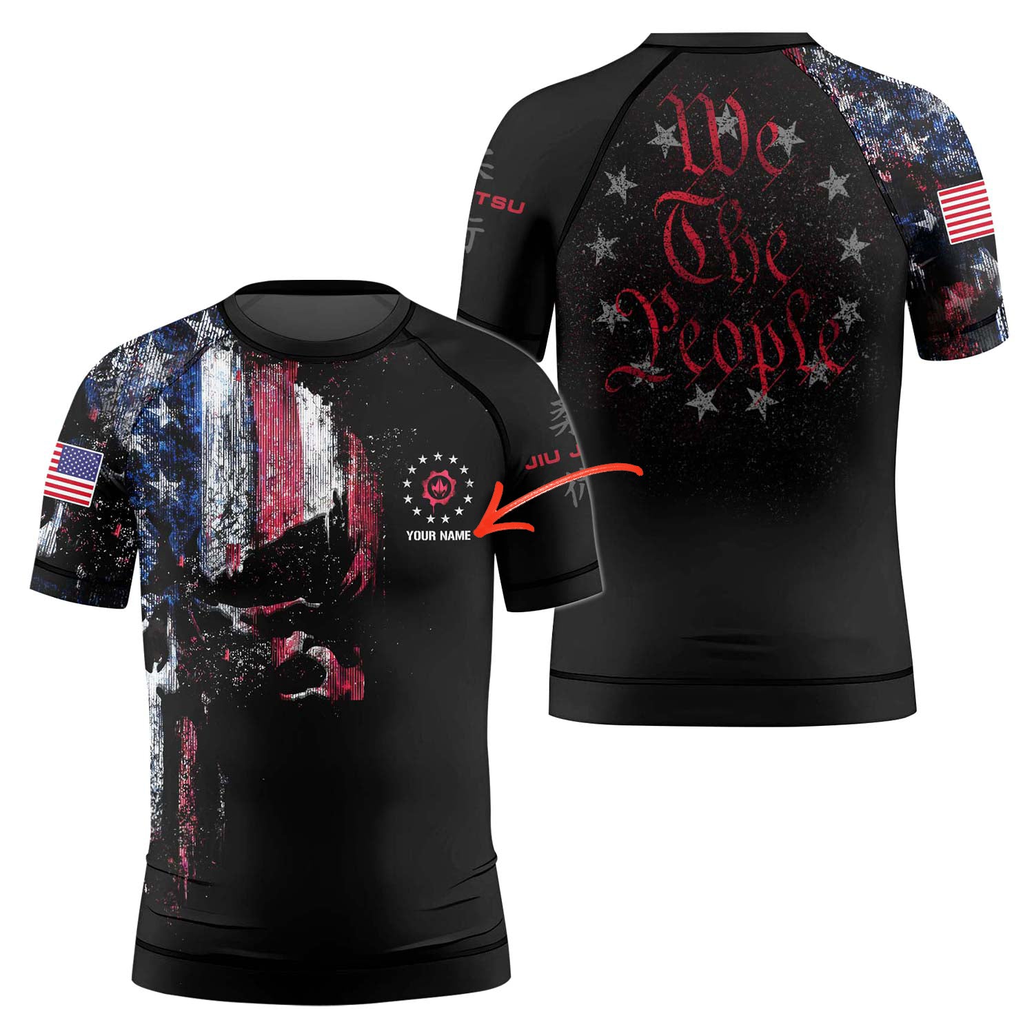 Personalized American Jiu Jitsu Skull Grunge Kids Rash Guard