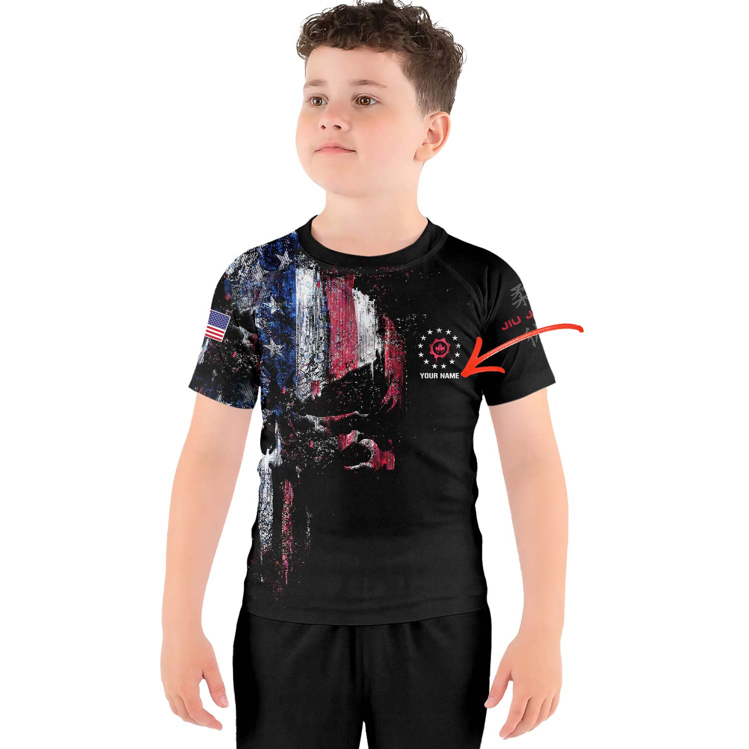 Personalized American Jiu Jitsu Skull Grunge Kids Rash Guard