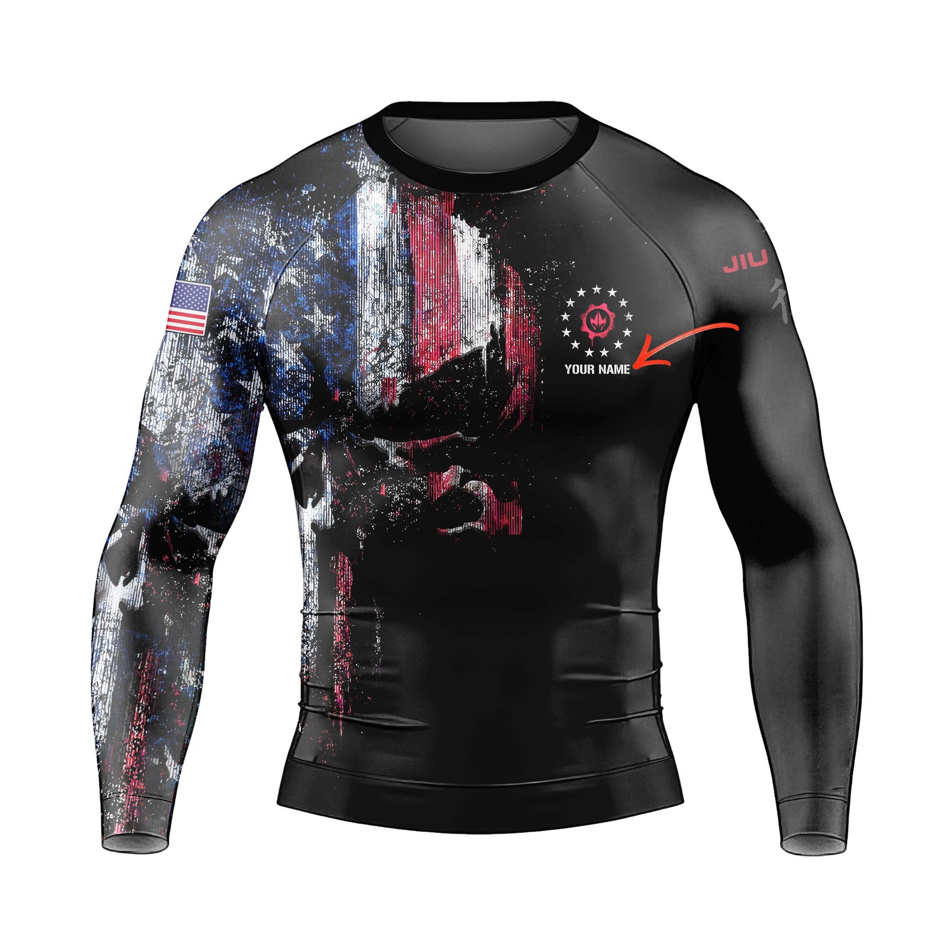 Personalized American Jiu Jitsu Skull Grunge Men's Long Sleeve Rash Guard