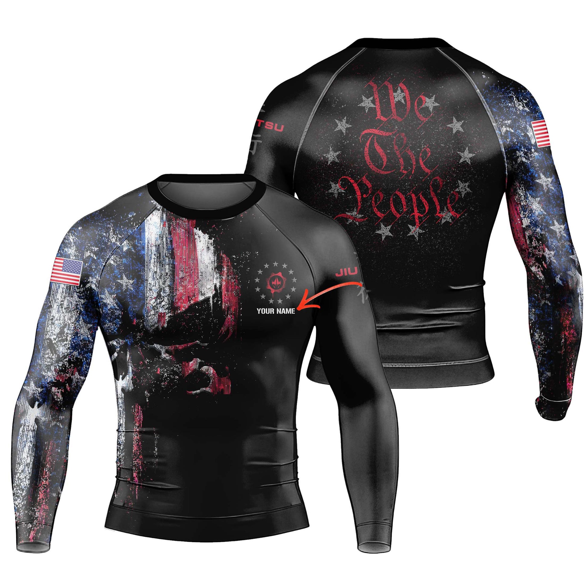 Personalized American Jiu Jitsu Skull Grunge Men's Long Sleeve Rash Guard
