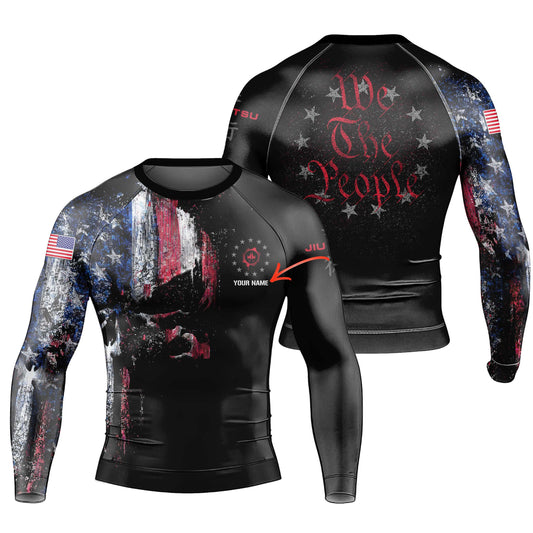 Personalized American Jiu Jitsu Skull Grunge Men's Long Sleeve Rash Guard