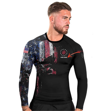 Personalized American Jiu Jitsu Skull Grunge Men's Long Sleeve Rash Guard