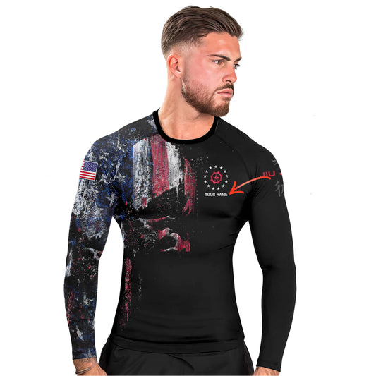 Personalized American Jiu Jitsu Skull Grunge Men's Long Sleeve Rash Guard