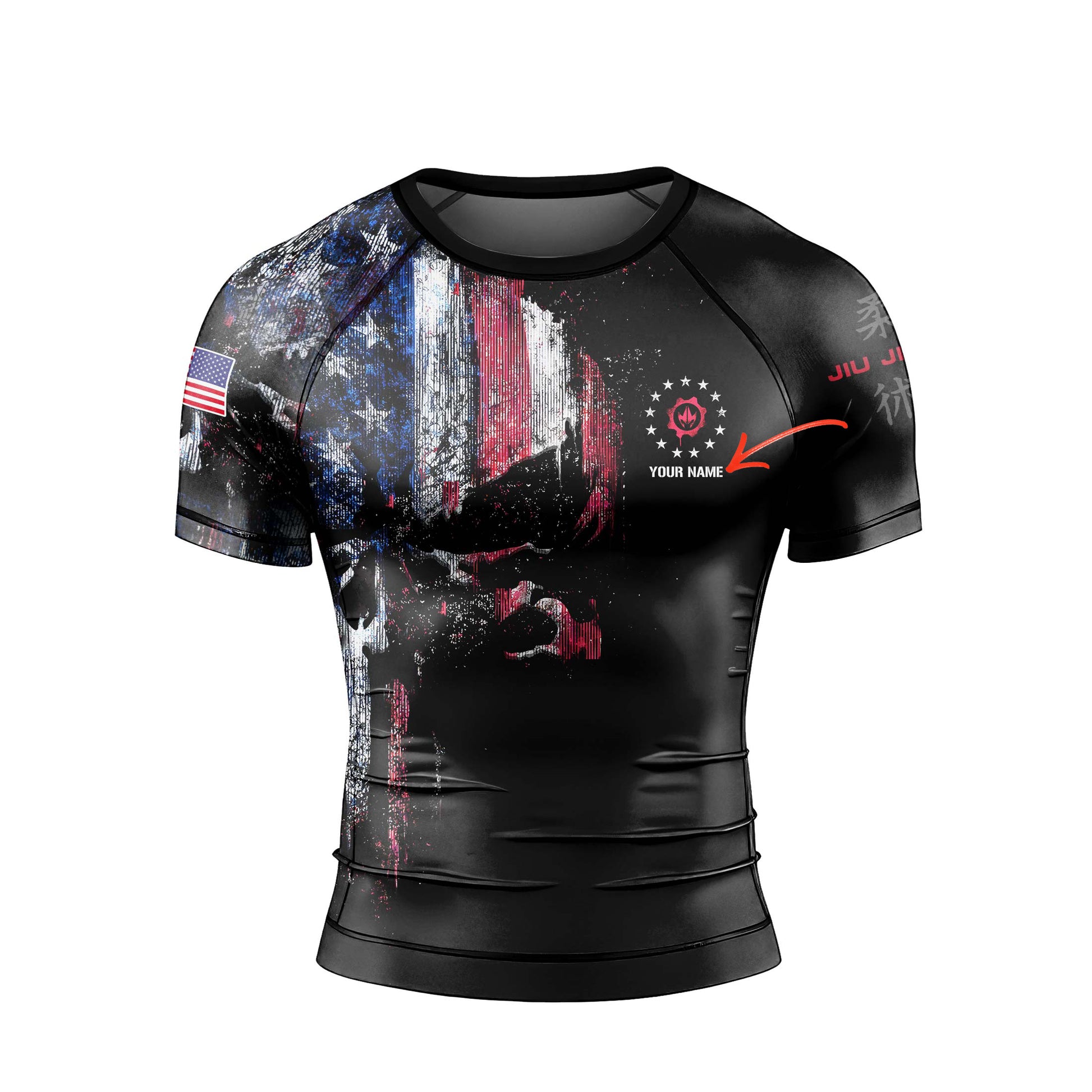 Personalized American Jiu Jitsu Skull Grunge Men's Short Sleeve Rash Guard