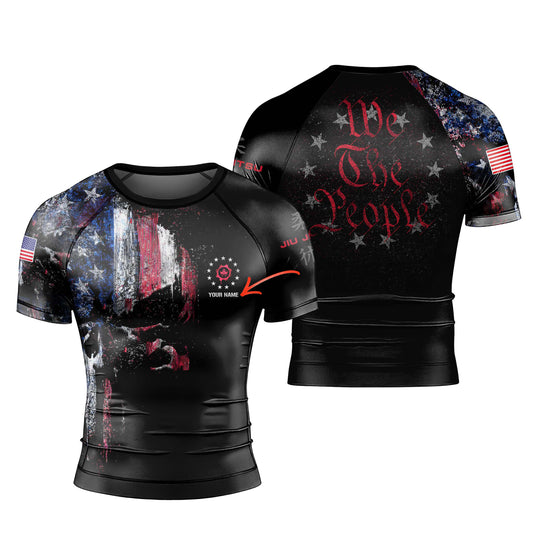 Personalized American Jiu Jitsu Skull Grunge Men's Short Sleeve Rash Guard