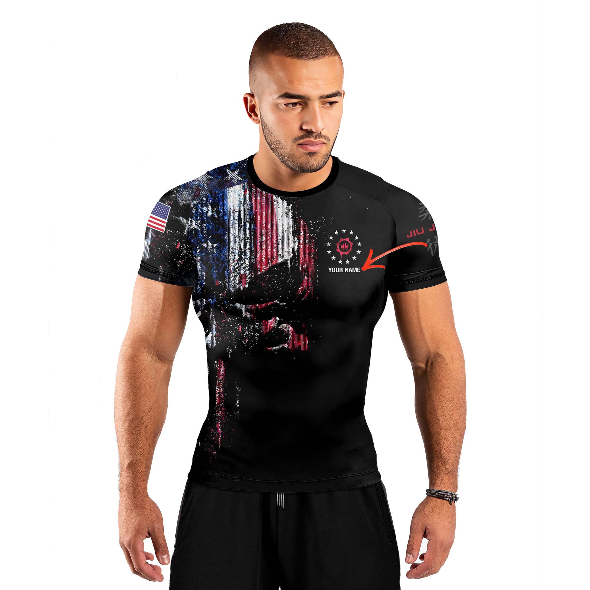 Personalized American Jiu Jitsu Skull Grunge Men's Short Sleeve Rash Guard