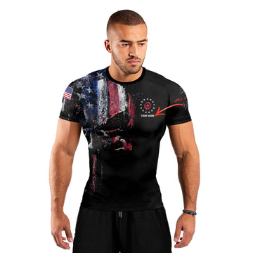 Personalized American Jiu Jitsu Skull Grunge Men's Short Sleeve Rash Guard